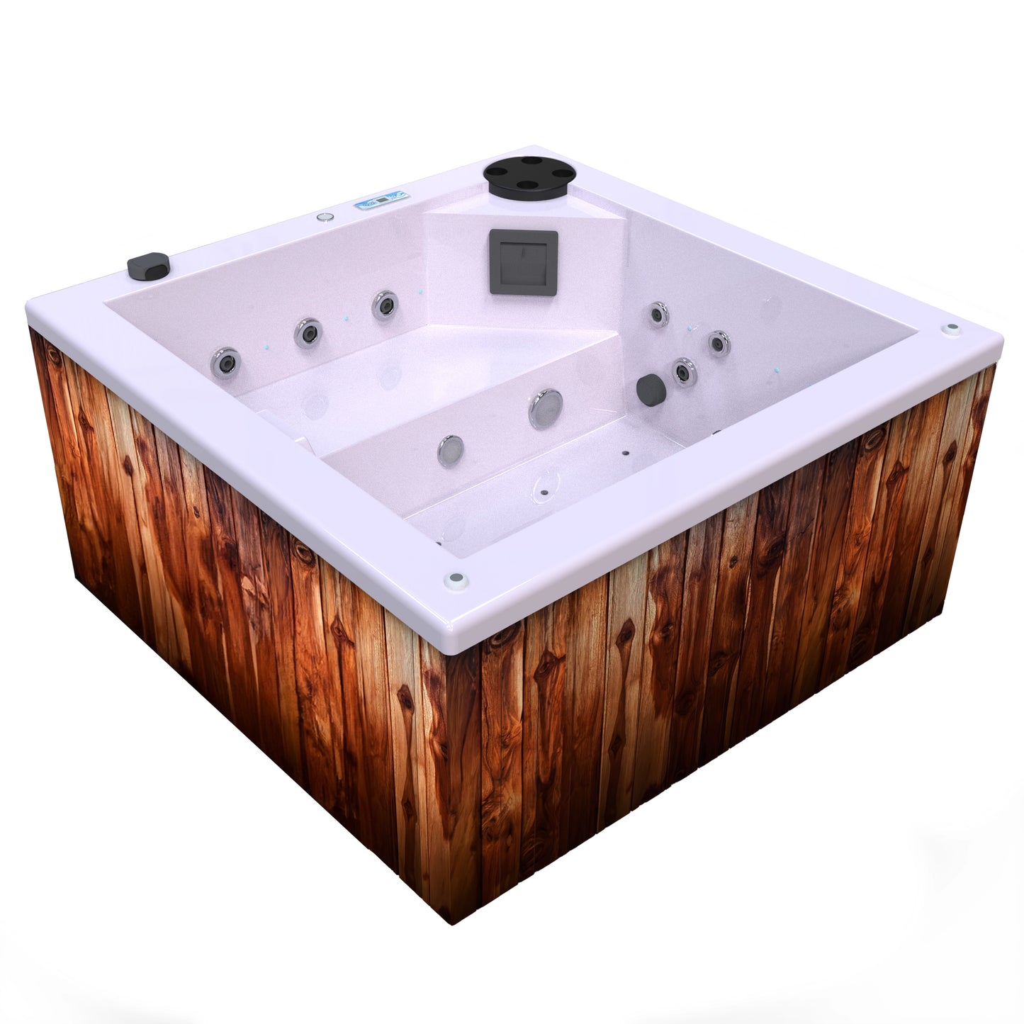 jacuzzi spa FIJI para 2 adultos, gabinete madera teca con acrílico color rosa claro; spa exterior compacto ideal para patios, terrazas, rooftops o espacios reducidos de lujo