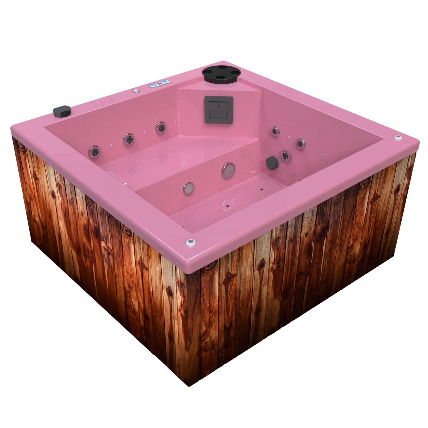 jacuzzi spa FIJI para 2 adultos, gabinete madera teca con acrílico color rosa fresa; spa exterior compacto ideal para patios, terrazas, rooftops o espacios reducidos de lujo