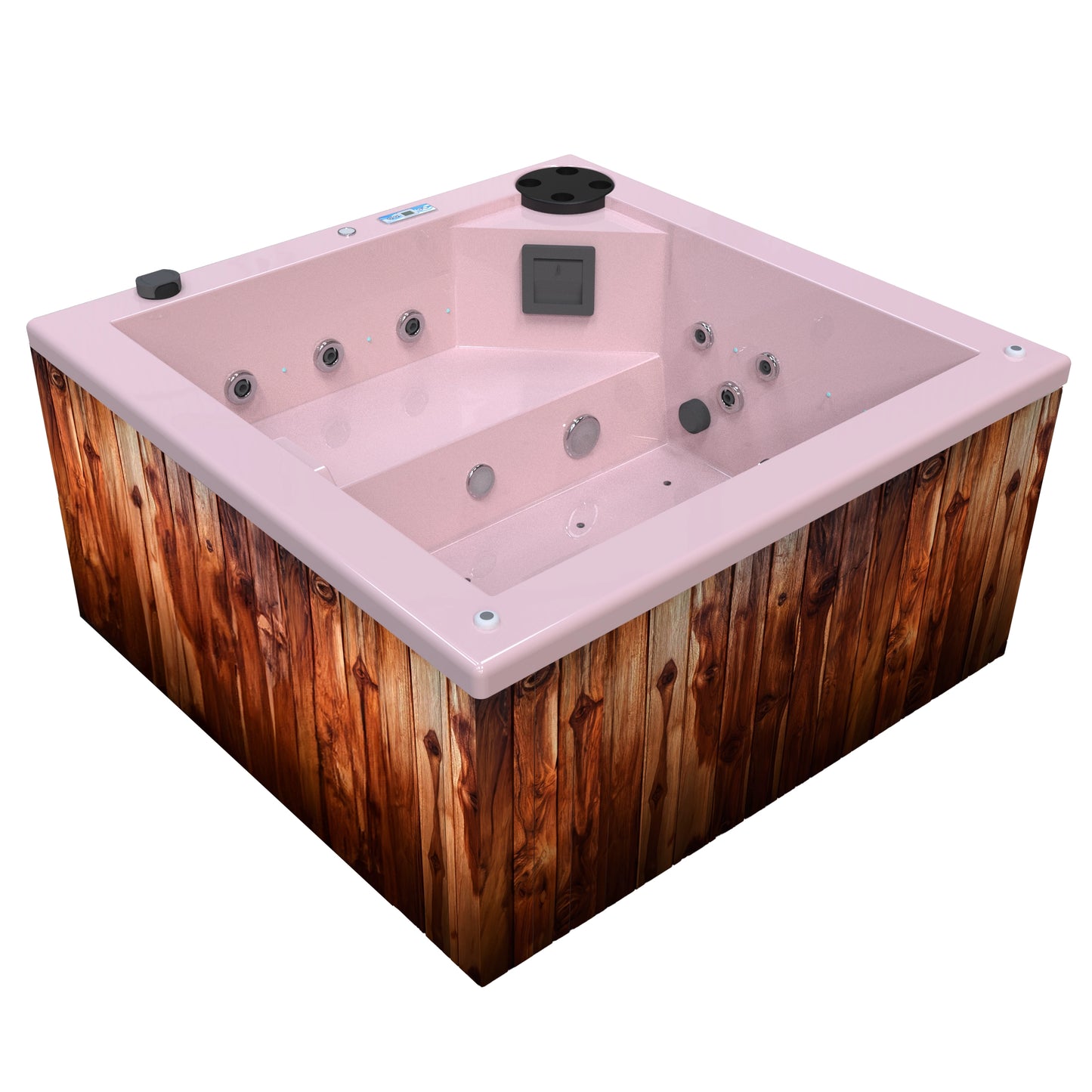jacuzzi spa FIJI para 2 adultos, gabinete madera teca con acrílico color rosa fuerte; spa exterior compacto ideal para patios, terrazas, rooftops o espacios reducidos de lujo