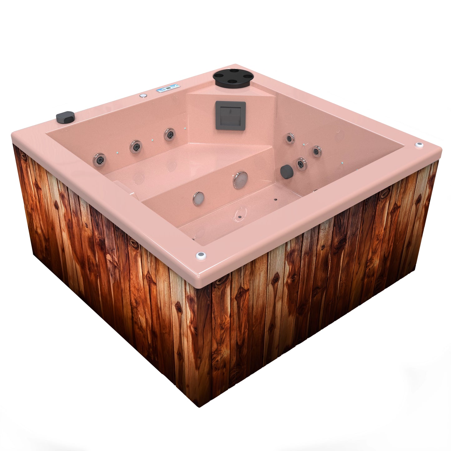 jacuzzi spa FIJI para 2 adultos, gabinete madera teca con acrílico color samon; spa exterior compacto ideal para patios, terrazas, rooftops o espacios reducidos de lujo