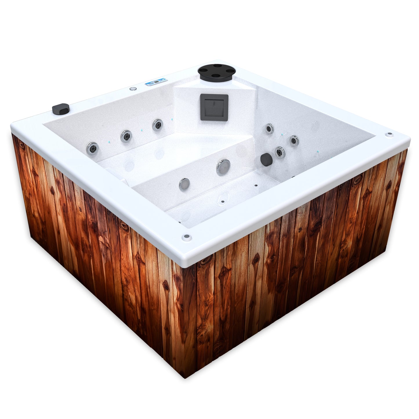 jacuzzi spa FIJI para 2 adultos, gabinete madera teca con acrílico color blanco; spa exterior compacto ideal para patios, terrazas, rooftops o espacios reducidos de lujo