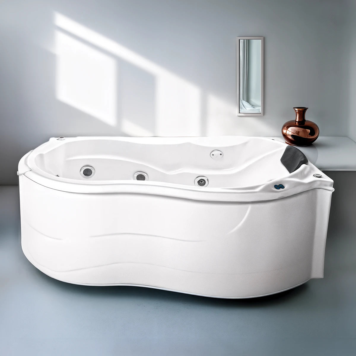 Render fotorrealista de la tina esquinera 50-01 TotalSpa™ instalada en baño interior elegante, con iluminación cálida y ambiente relajante.