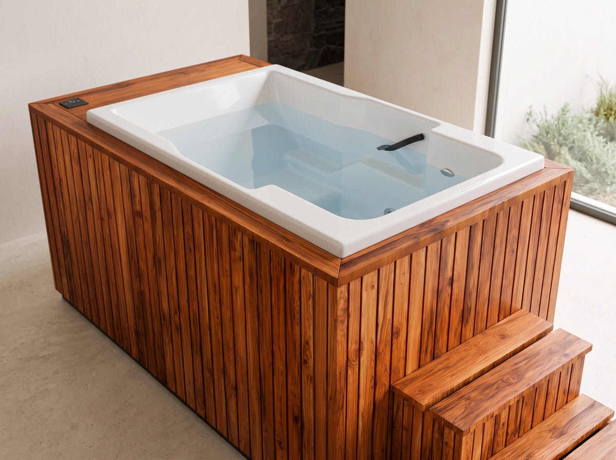 Spa de crioterapia Aqua-Ice TotalSpa con interior de acrílico blanco reforzado, gabinete de madera de teca y escaleras integradas en un espacio wellness moderno.