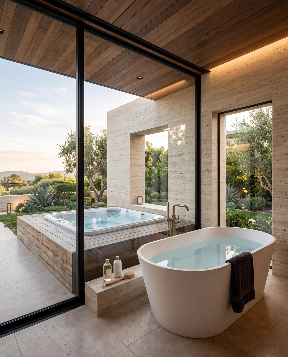 Tina freestanding y spa AQUASPA integrados en un espacio residencial de lujo, equipamiento de bienestar distribuido por TotalSpa