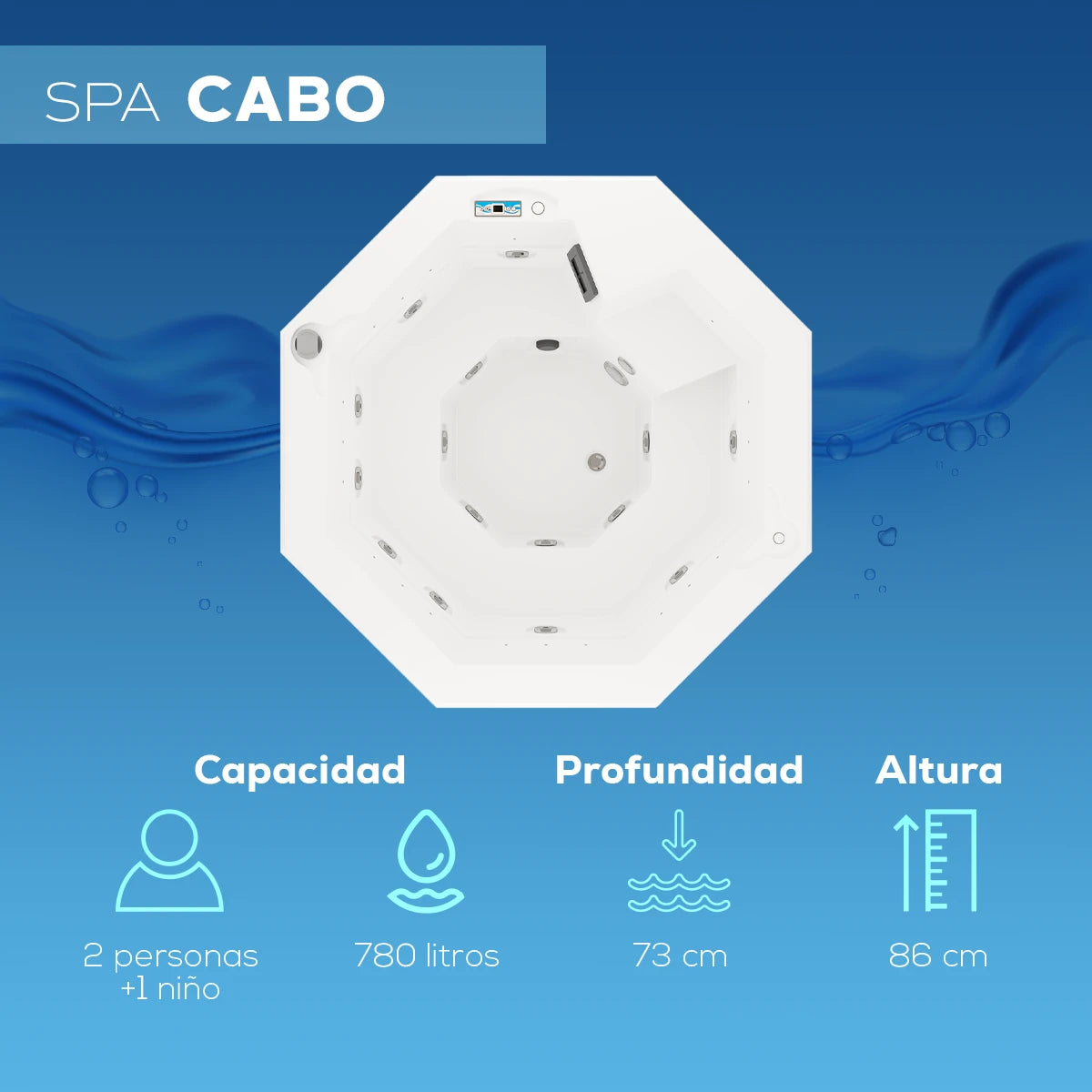 spa CABO con capacidad para 2 adultos y 1 niño, profundidad de 73 cm, altura de 86 cm; jacuzzi octagonal familiar