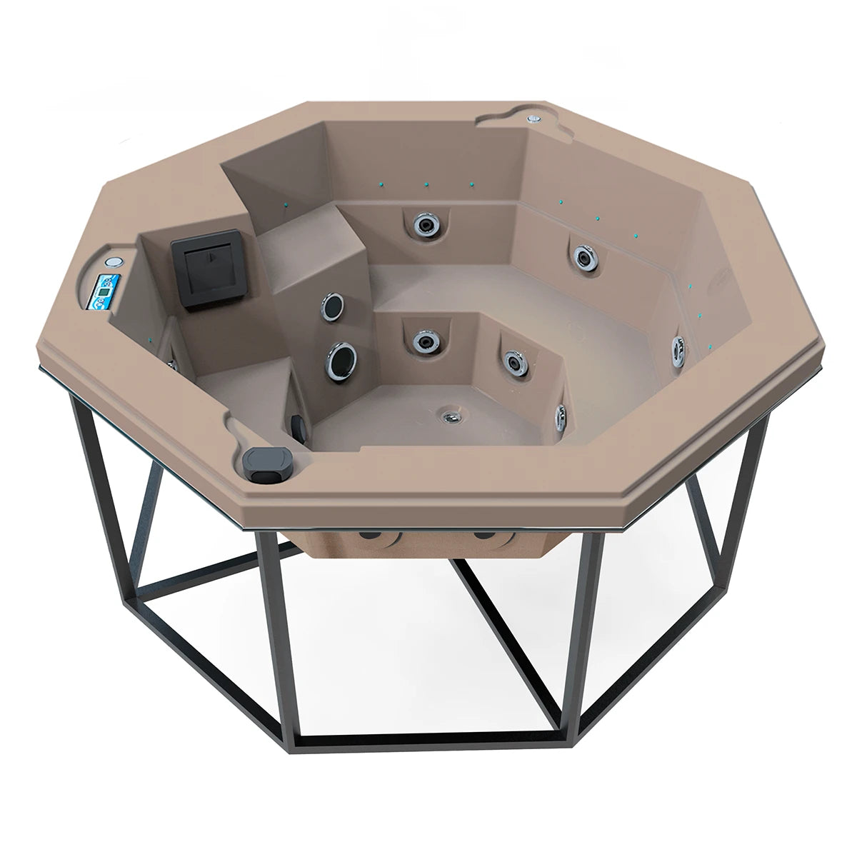 jacuzzi spa CABO para 2 adultos y 1 niño, estructura metálica con acrílico arena; jacuzzi octagonal ideal para patios, terrazas o cocoons modernos