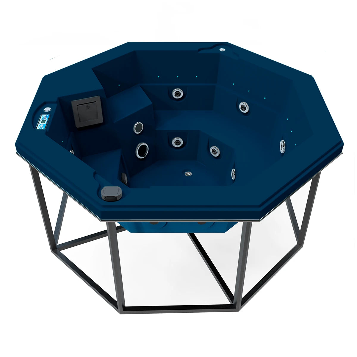 jacuzzi spa CABO para 2 adultos y 1 niño, estructura metálica con acrílico azul adriático; jacuzzi octagonal ideal para patios, terrazas o cocoons modernos