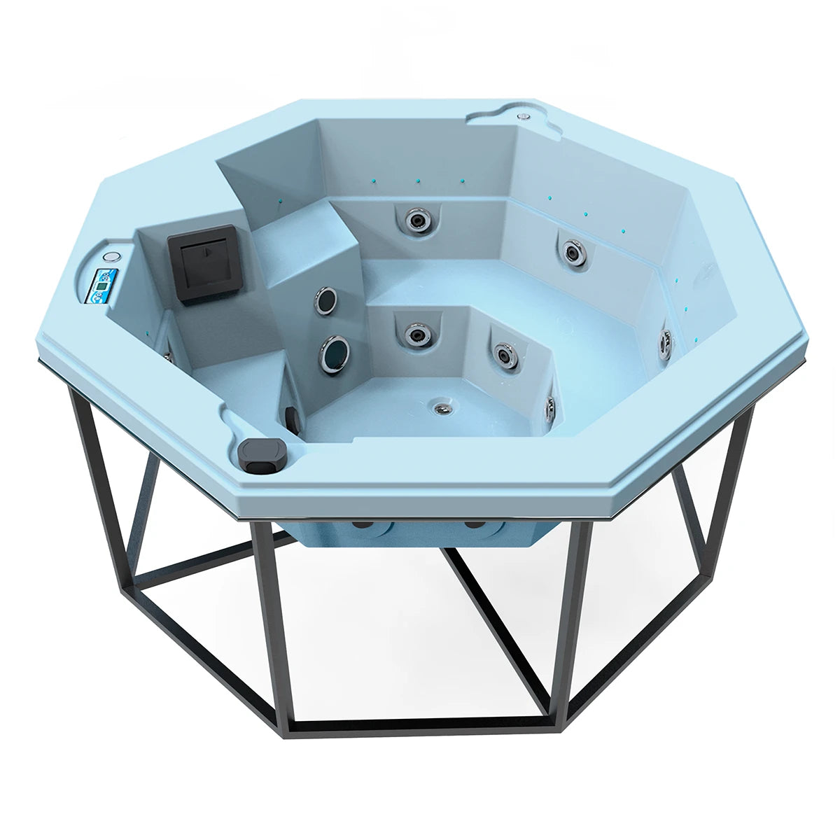 jacuzzi spa CABO para 2 adultos y 1 niño, estructura metálica con acrílico azul claro; jacuzzi octagonal ideal para patios, terrazas o cocoons modernos