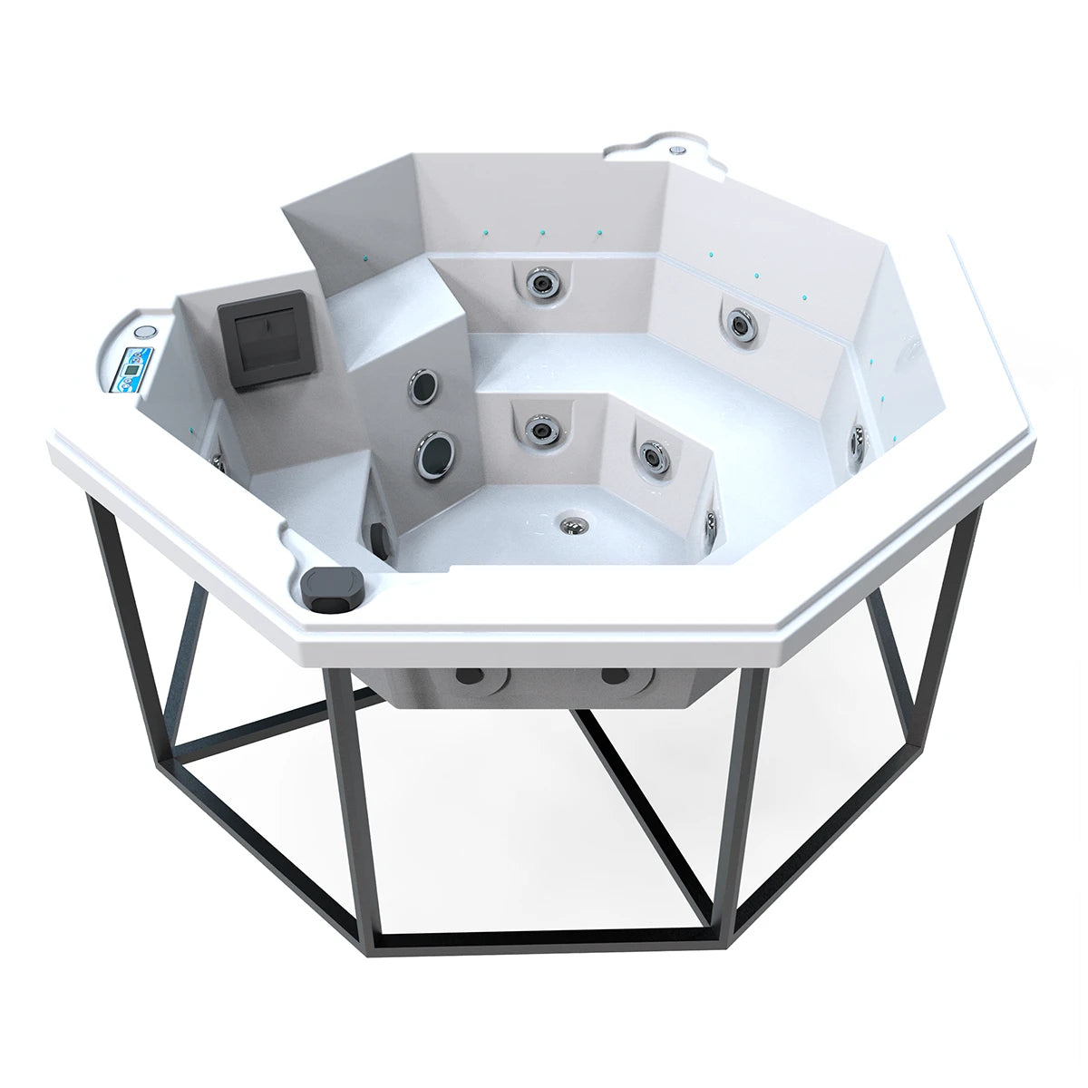 jacuzzi spa CABO para 2 adultos y 1 niño, estructura metálica con acrílico blanco; jacuzzi octagonal ideal para patios, terrazas o cocoons modernos