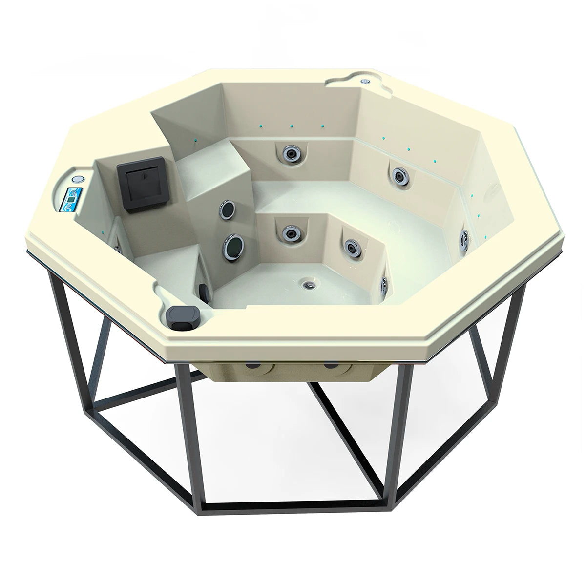 jacuzzi spa CABO para 2 adultos y 1 niño, estructura metálica con acrílico hueso; jacuzzi octagonal ideal para patios, terrazas o cocoons modernos