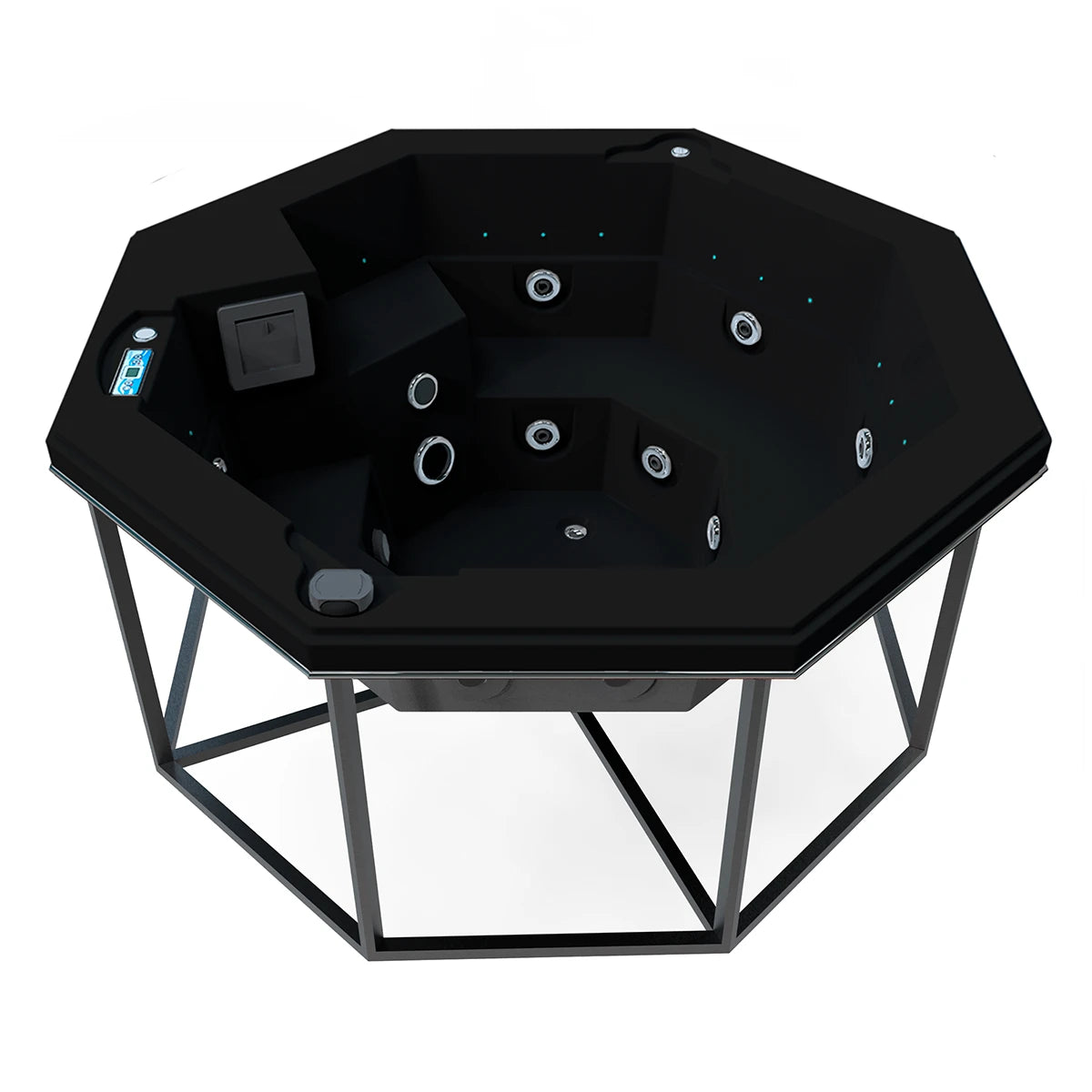 jacuzzi spa CABO para 2 adultos y 1 niño, estructura metálica con acrílico negro; jacuzzi octagonal ideal para patios, terrazas o cocoons modernos