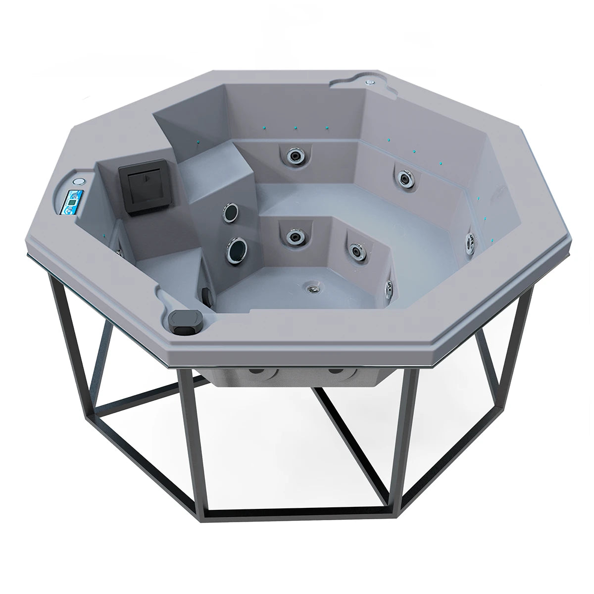 jacuzzi spa CABO para 2 adultos y 1 niño, estructura metálica con acrílico platino; jacuzzi octagonal ideal para patios, terrazas o cocoons modernos
