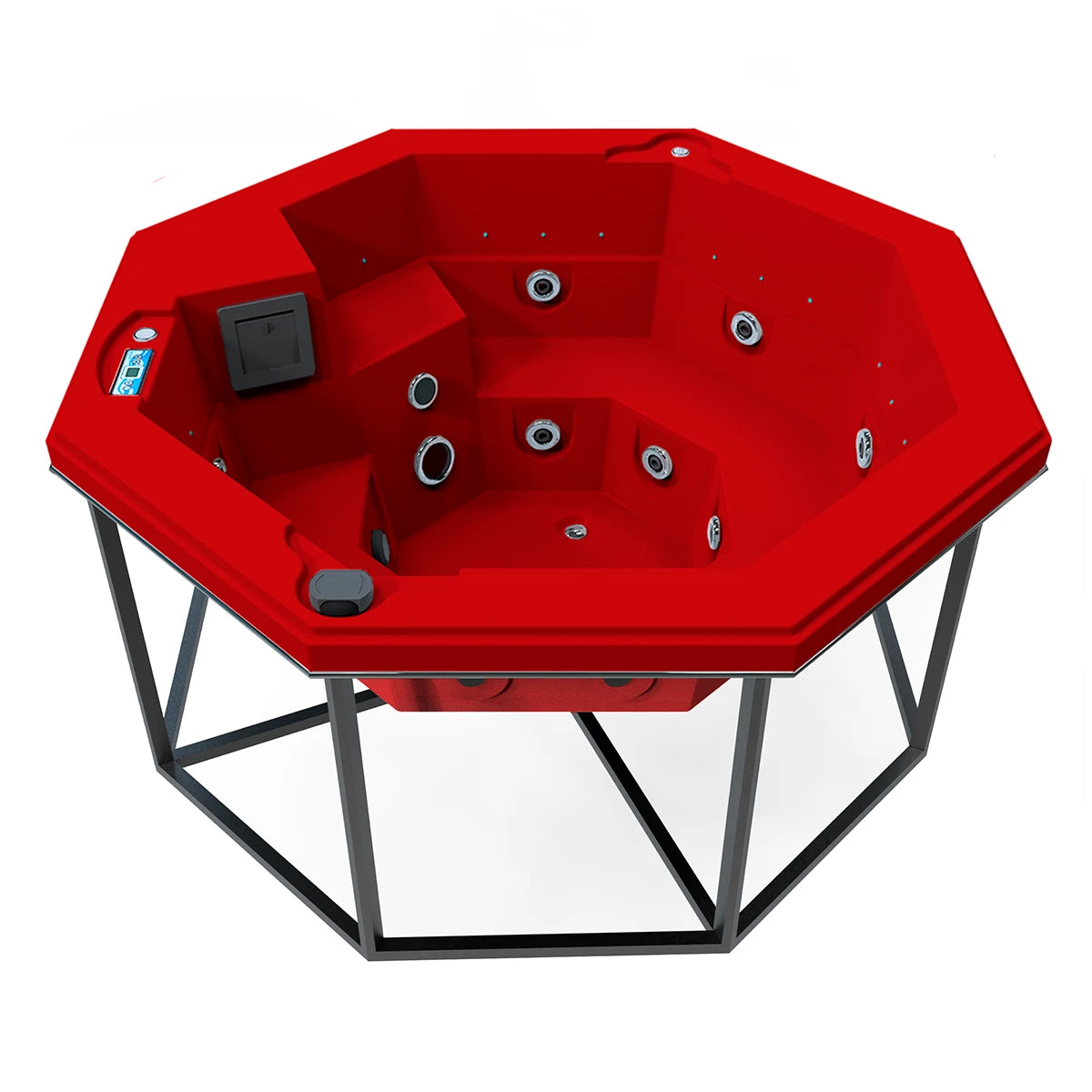 jacuzzi spa CABO para 2 adultos y 1 niño, estructura metálica con acrílico rojo cereza; jacuzzi octagonal ideal para patios, terrazas o cocoons modernos