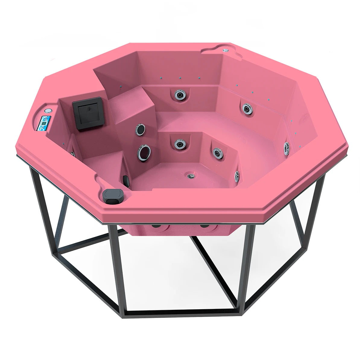 jacuzzi spa CABO para 2 adultos y 1 niño, estructura metálica con acrílico rosa fresa; jacuzzi octagonal ideal para patios, terrazas o cocoons modernos