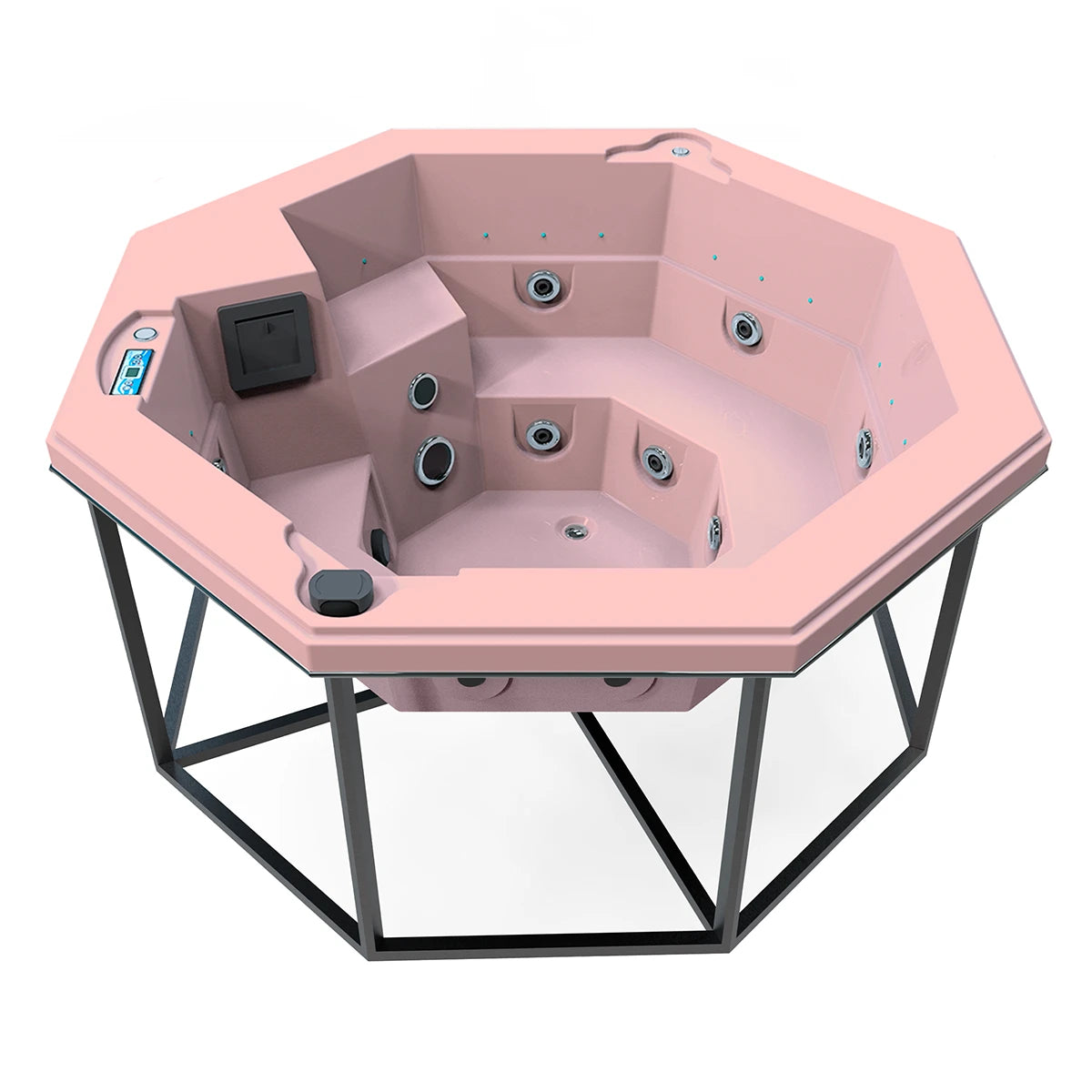jacuzzi spa CABO para 2 adultos y 1 niño, estructura metálica con acrílico rosa fuerte; jacuzzi octagonal ideal para patios, terrazas o cocoons modernos