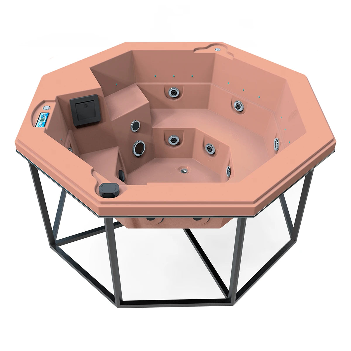jacuzzi spa CABO para 2 adultos y 1 niño, estructura metálica con acrílico salmón; jacuzzi octagonal ideal para patios, terrazas o cocoons modernos