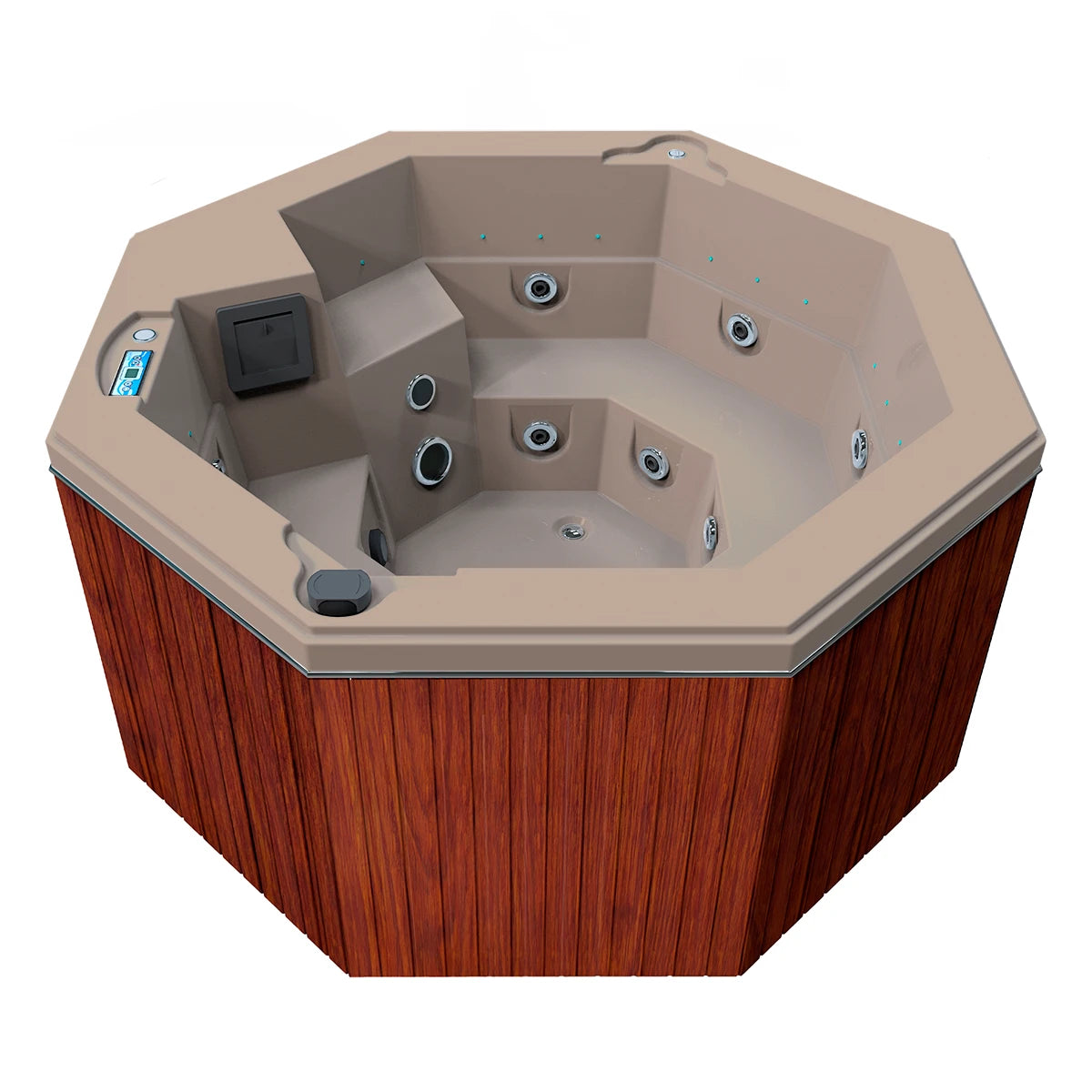 jacuzzi spa CABO para 2 adultos y 1 niño, gabinete madera sintética café claro con acrílico arena; spa octagonal compacto y elegante para exteriores