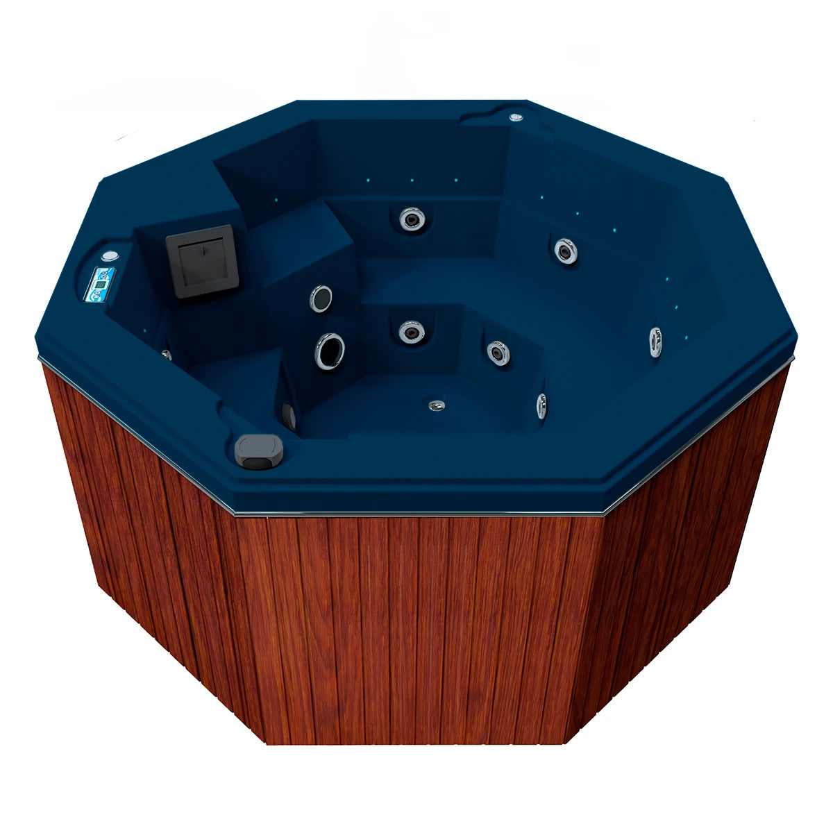jacuzzi spa CABO para 2 adultos y 1 niño, gabinete madera sintética café claro con acrílico azul adriático; spa octagonal compacto y elegante para exteriores