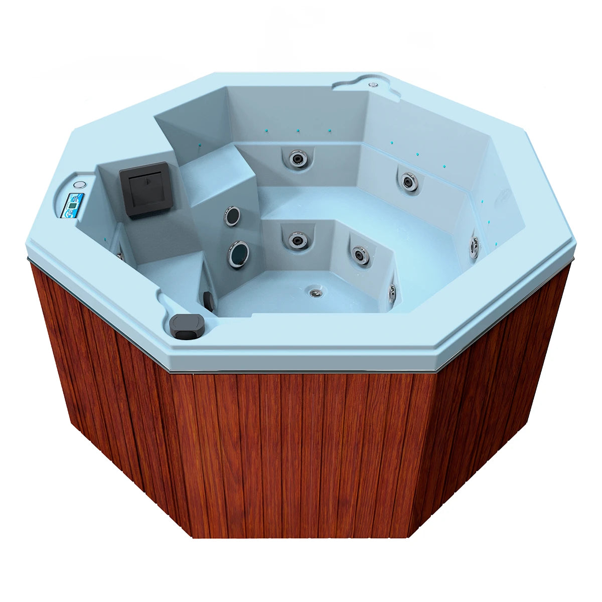 jacuzzi spa CABO para 2 adultos y 1 niño, gabinete madera sintética café claro con acrílico azul claro; spa octagonal compacto y elegante para exteriores