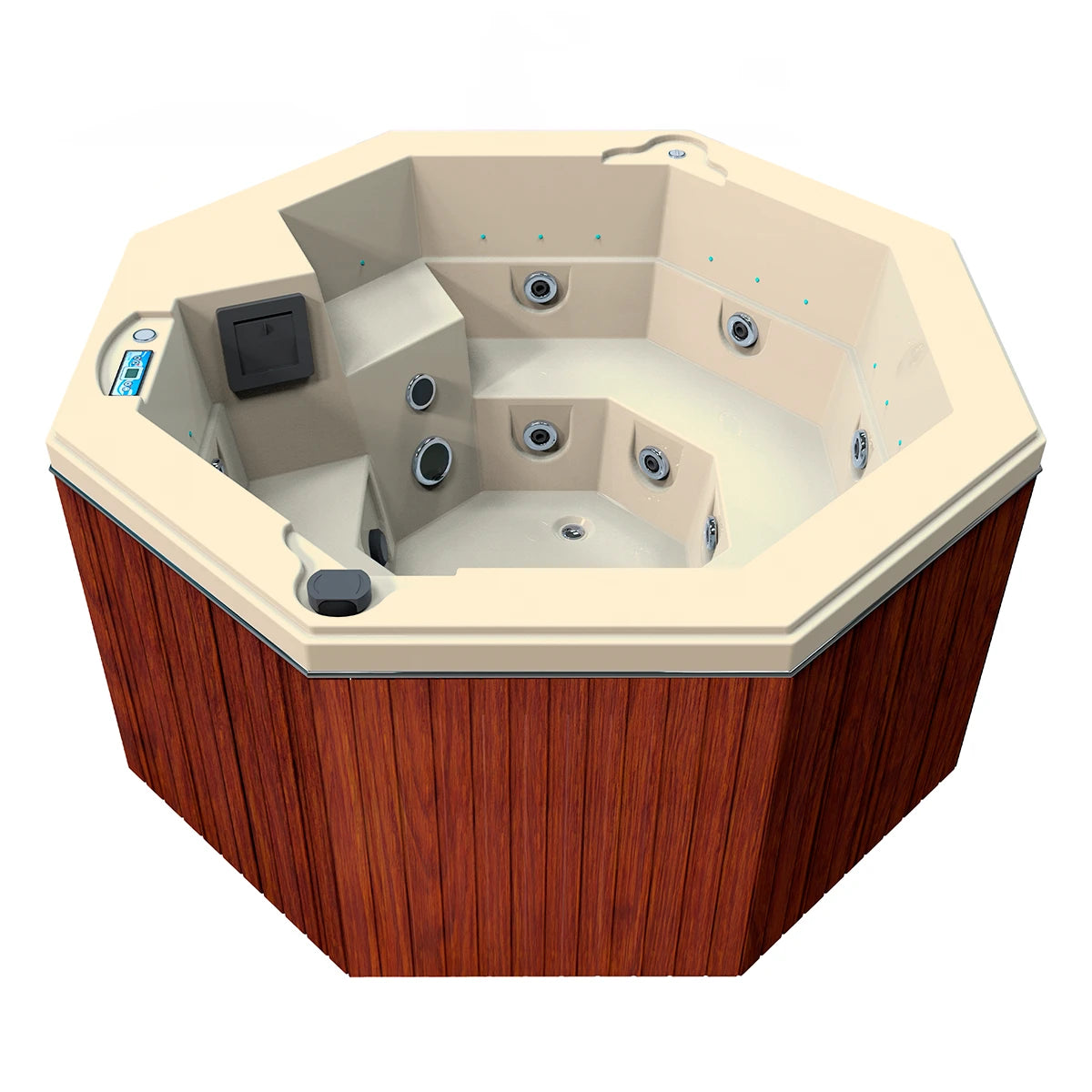 jacuzzi spa CABO para 2 adultos y 1 niño, gabinete madera sintética café claro con acrílico beige nuevo; spa octagonal compacto y elegante para exteriores