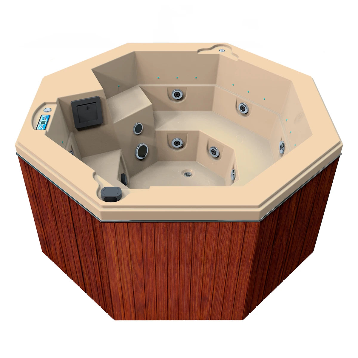 jacuzzi spa CABO para 2 adultos y 1 niño, gabinete madera sintética café claro con acrílico beige; spa octagonal compacto y elegante para exteriores