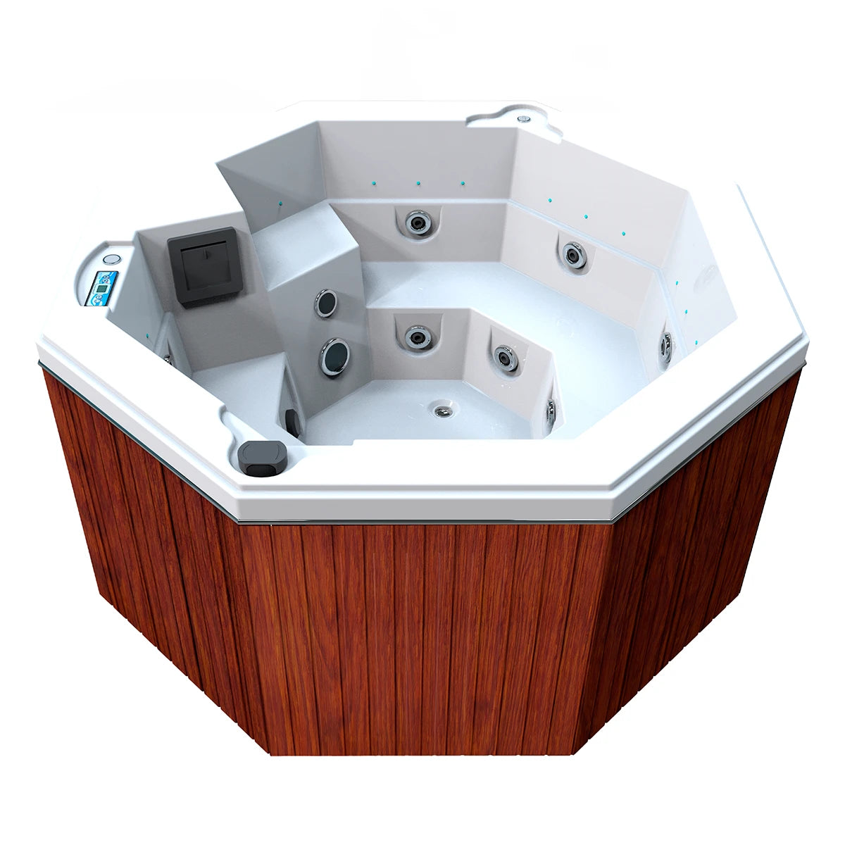 jacuzzi spa CABO para 2 adultos y 1 niño, gabinete madera sintética café claro con acrílico blanco; spa octagonal compacto y elegante para exteriores