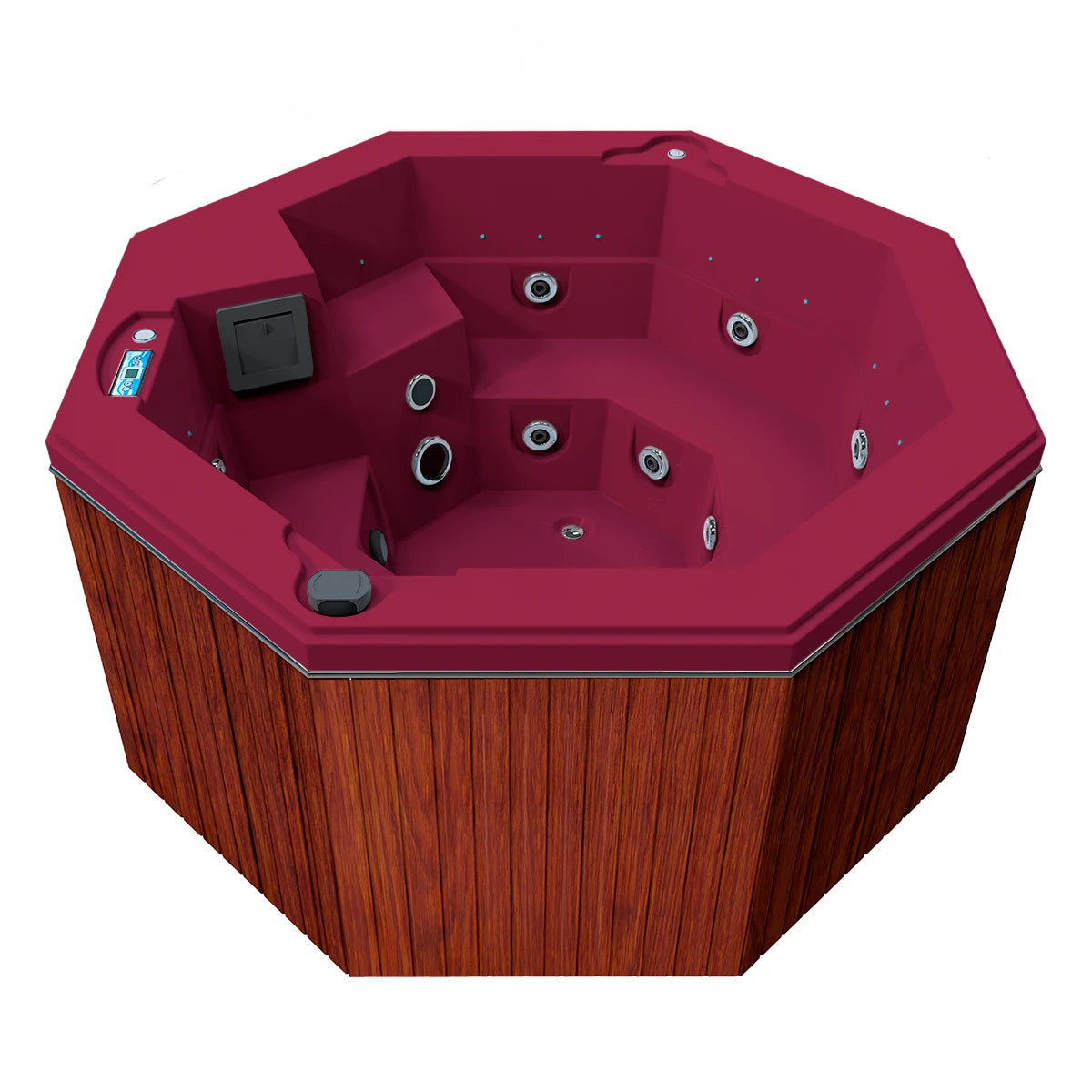 jacuzzi spa CABO para 2 adultos y 1 niño, gabinete madera sintética café claro con acrílico coral; spa octagonal compacto y elegante para exteriores