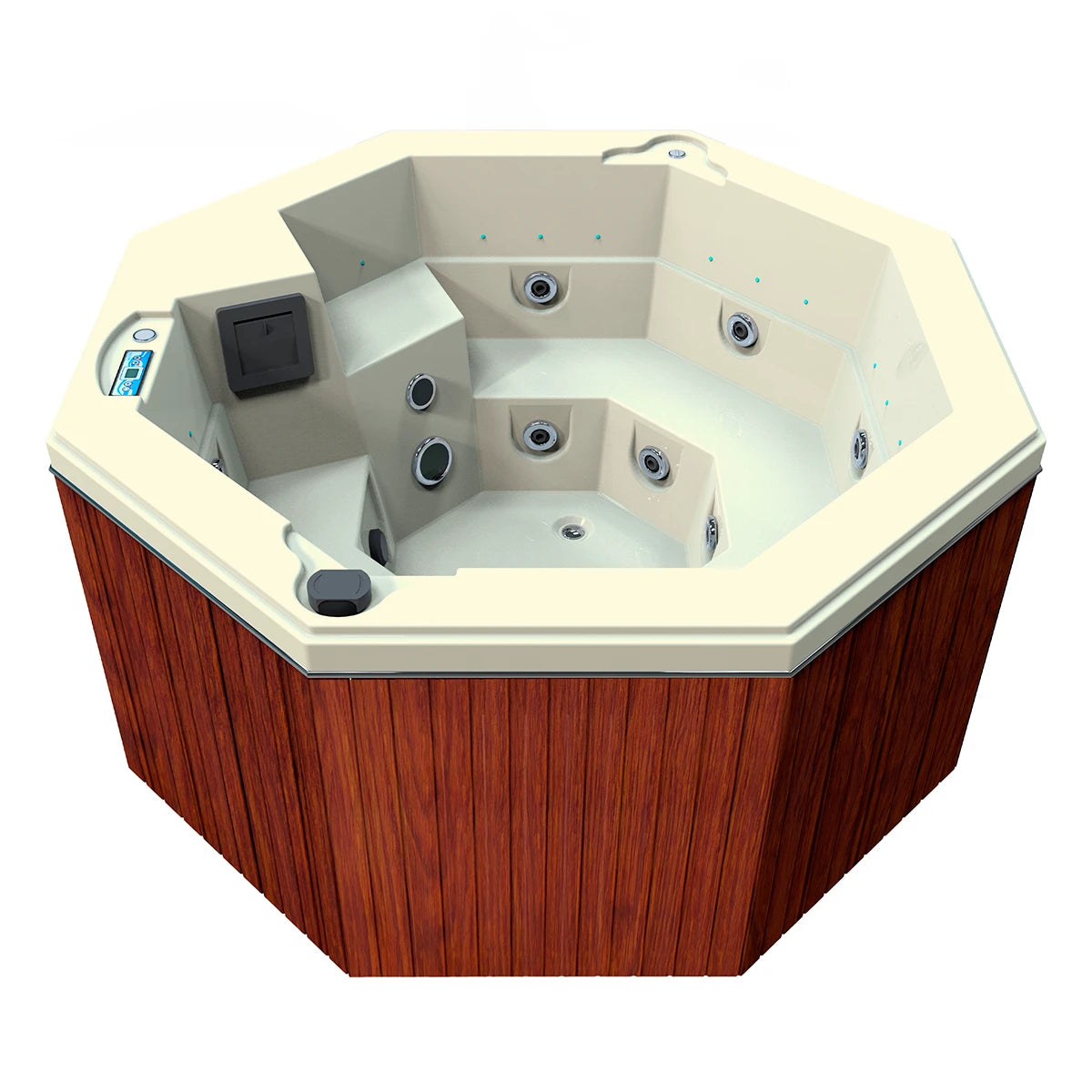 jacuzzi spa CABO para 2 adultos y 1 niño, gabinete madera sintética café claro con acrílico hueso; spa octagonal compacto y elegante para exteriores