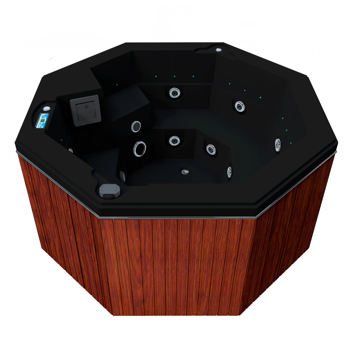 jacuzzi spa CABO para 2 adultos y 1 niño, gabinete madera sintética café claro con acrílico negro; spa octagonal compacto y elegante para exteriores