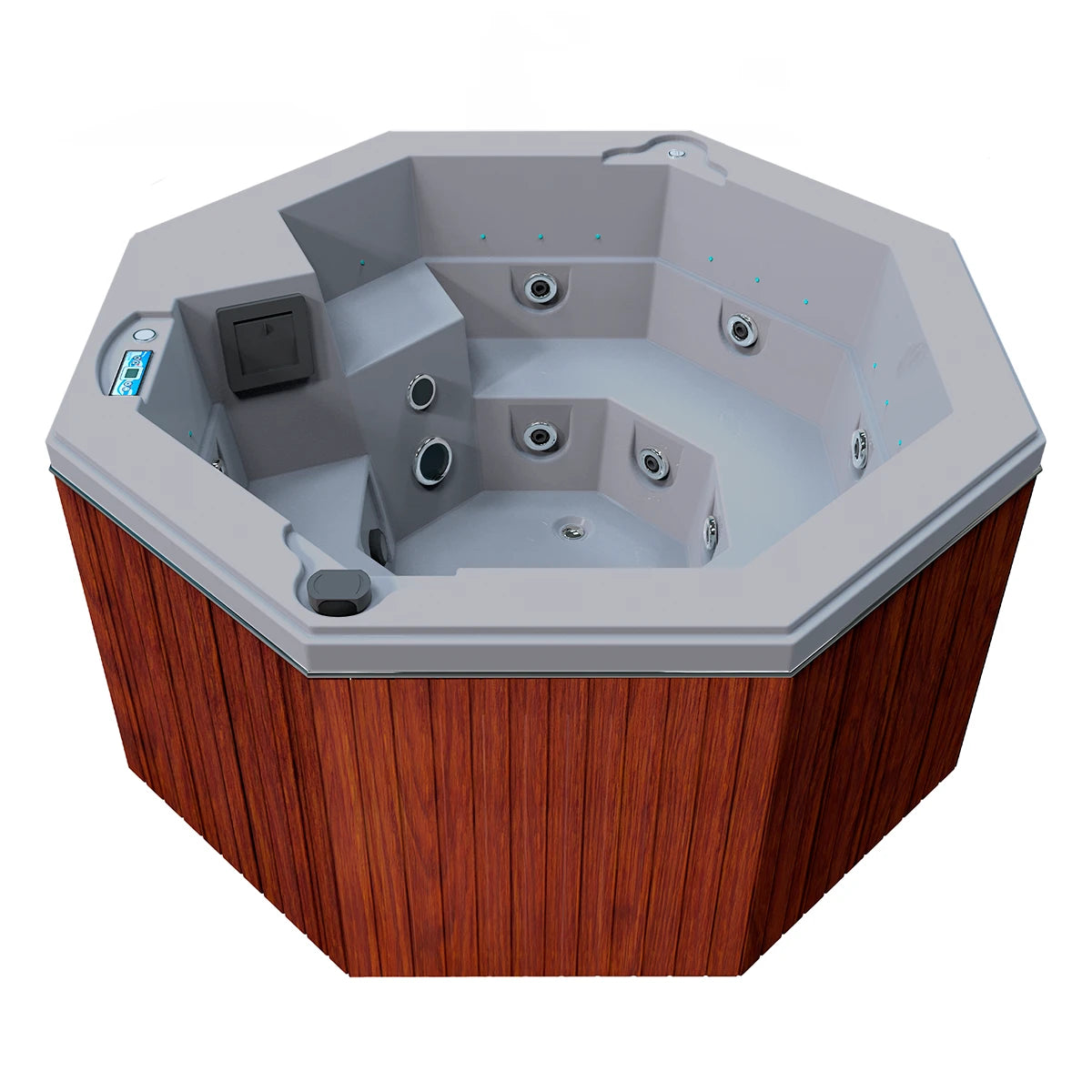 jacuzzi spa CABO para 2 adultos y 1 niño, gabinete madera sintética café claro con acrílico platino; spa octagonal compacto y elegante para exteriores