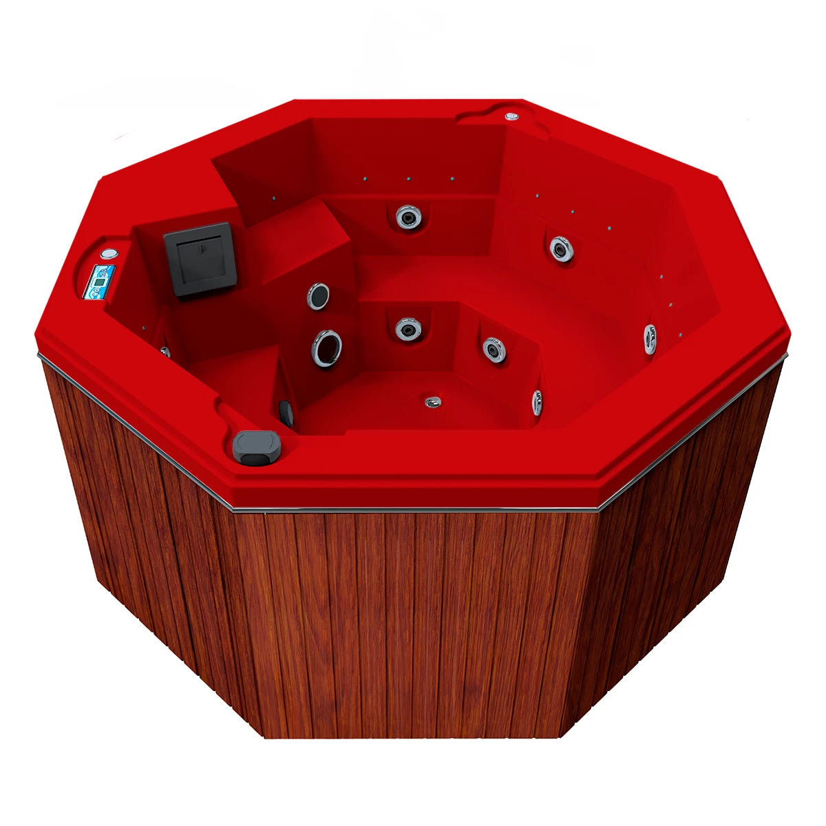 jacuzzi spa CABO para 2 adultos y 1 niño, gabinete madera sintética café claro con acrílico rojo cereza; spa octagonal compacto y elegante para exteriores
