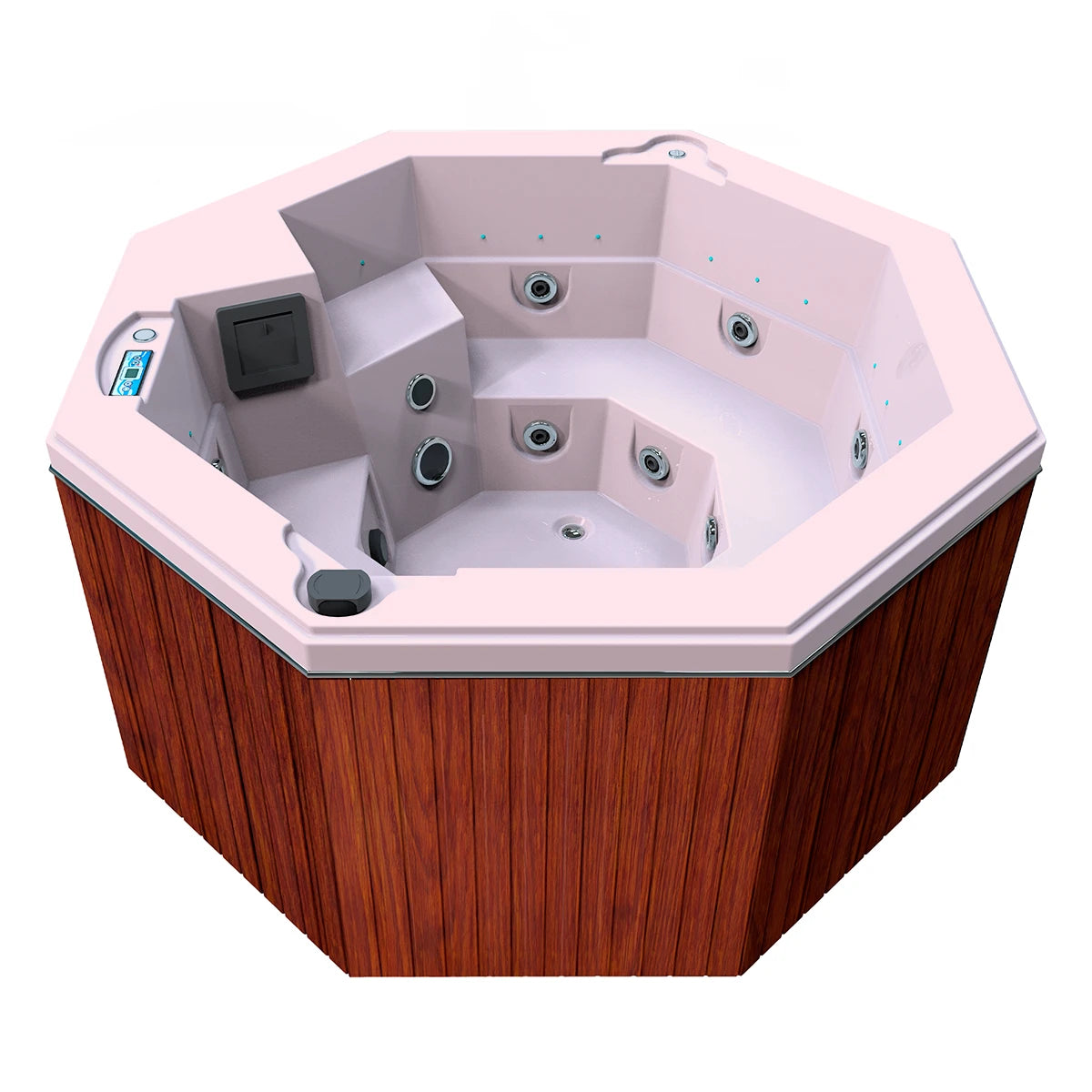jacuzzi spa CABO para 2 adultos y 1 niño, gabinete madera sintética café claro con acrílico rosa claro; spa octagonal compacto y elegante para exteriores
