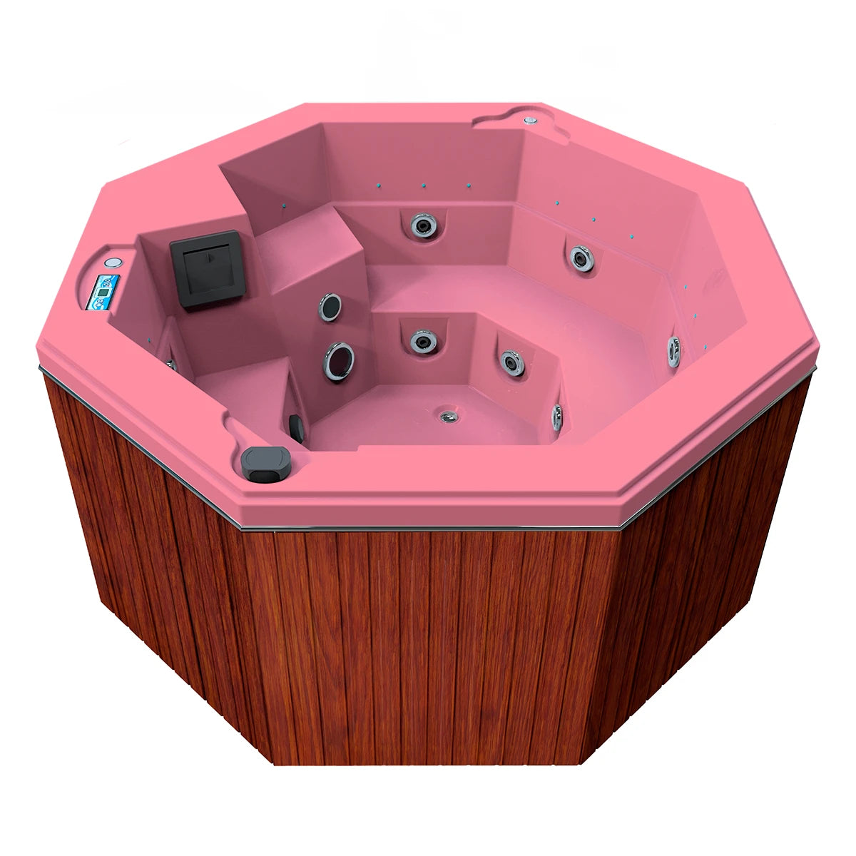 jacuzzi spa CABO para 2 adultos y 1 niño, gabinete madera sintética café claro con acrílico rosa fresa; spa octagonal compacto y elegante para exteriores