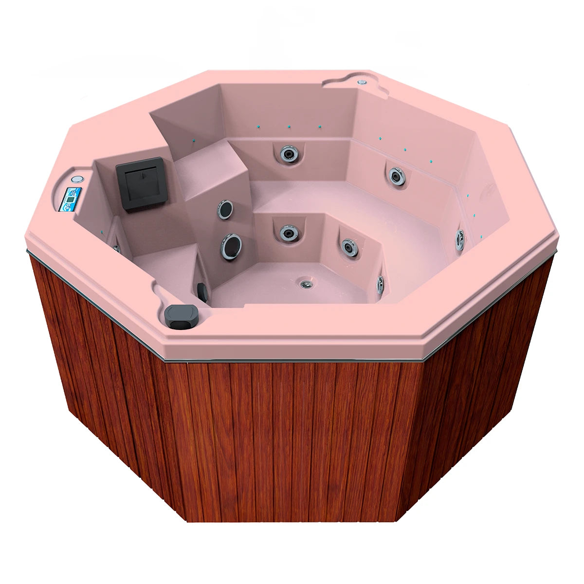 jacuzzi spa CABO para 2 adultos y 1 niño, gabinete madera sintética café claro con acrílico rosa fuerte; spa octagonal compacto y elegante para exteriores