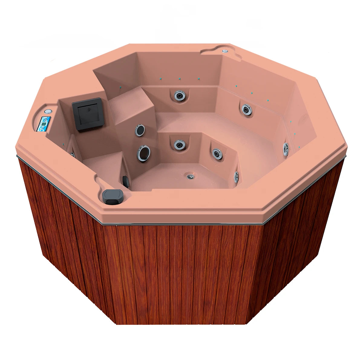 jacuzzi spa CABO para 2 adultos y 1 niño, gabinete madera sintética café claro con acrílico salmón; spa octagonal compacto y elegante para exteriores