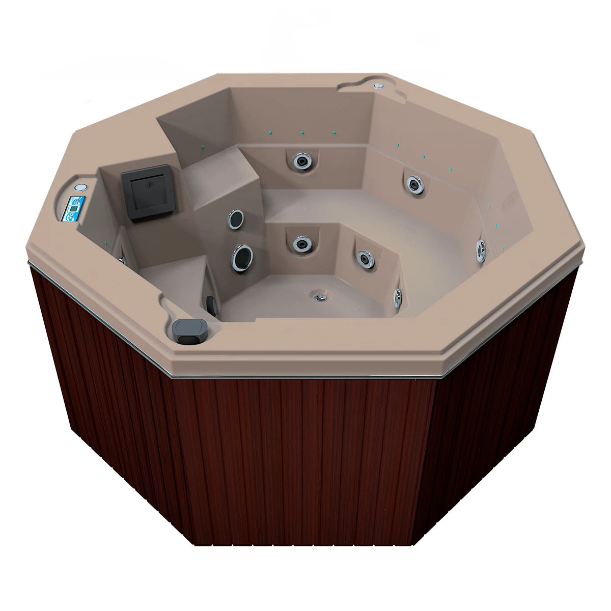 jacuzzi spa CABO para 2 adultos y 1 niño, gabinete madera sintética café obscuro con acrílico arena; jacuzzi octagonal exterior para espacios modernos