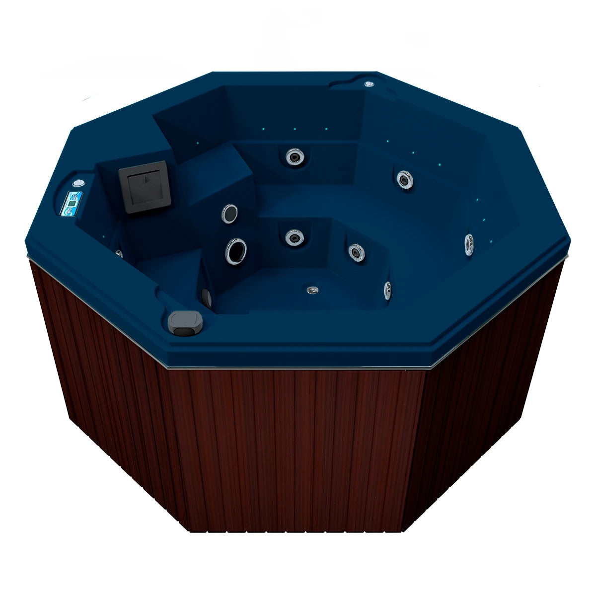 jacuzzi spa CABO para 2 adultos y 1 niño, gabinete madera sintética café obscuro con acrílico azul adriático; jacuzzi octagonal exterior para espacios modernos