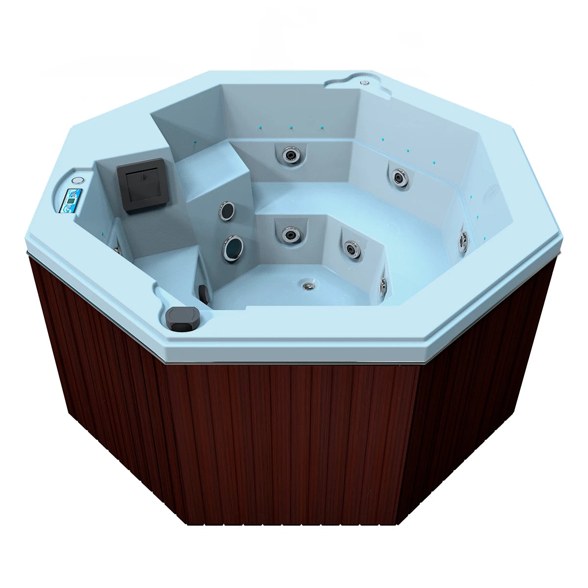 jacuzzi spa CABO para 2 adultos y 1 niño, gabinete madera sintética café obscuro con acrílico azul claro; jacuzzi octagonal exterior para espacios modernos