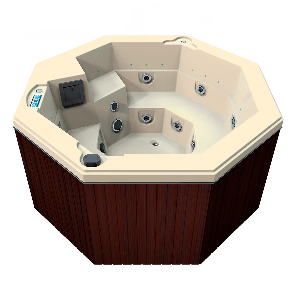 jacuzzi spa CABO para 2 adultos y 1 niño, gabinete madera sintética café obscuro con acrílico beige nuevo; jacuzzi octagonal exterior para espacios modernos