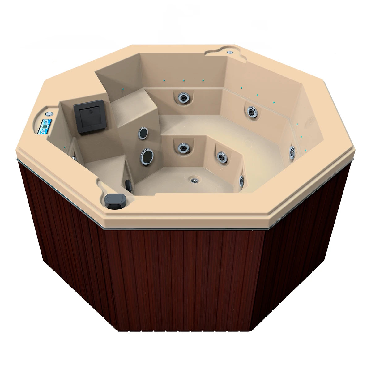 jacuzzi spa CABO para 2 adultos y 1 niño, gabinete madera sintética café obscuro con acrílico beige; jacuzzi octagonal exterior para espacios modernos