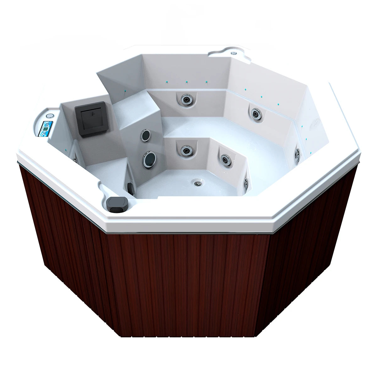 jacuzzi spa CABO para 2 adultos y 1 niño, gabinete madera sintética café obscuro con acrílico blanco; jacuzzi octagonal exterior para espacios modernos