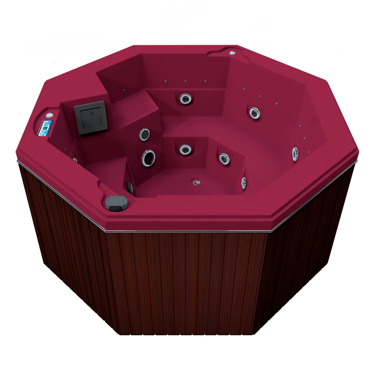 jacuzzi spa CABO para 2 adultos y 1 niño, gabinete madera sintética café obscuro con acrílico coral; jacuzzi octagonal exterior para espacios modernos