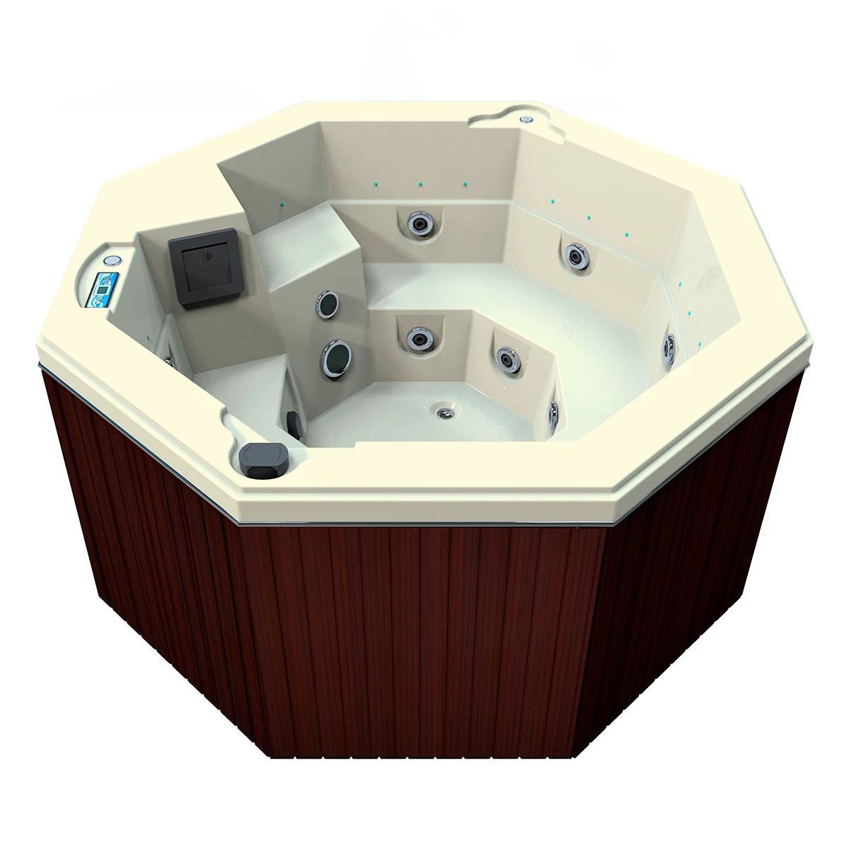 jacuzzi spa CABO para 2 adultos y 1 niño, gabinete madera sintética café obscuro con acrílico hueso; jacuzzi octagonal exterior para espacios modernos