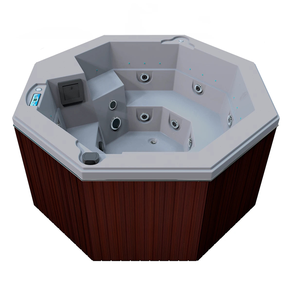 jacuzzi spa CABO para 2 adultos y 1 niño, gabinete madera sintética café obscuro con acrílico platino; jacuzzi octagonal exterior para espacios modernos
