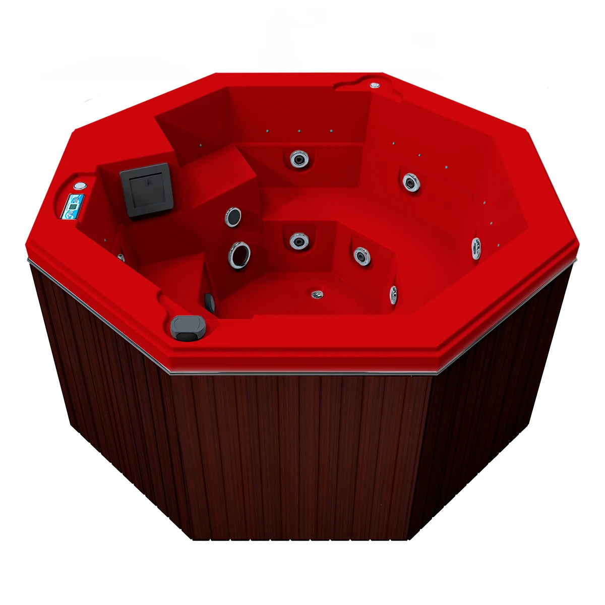 jacuzzi spa CABO para 2 adultos y 1 niño, gabinete madera sintética café obscuro con acrílico rojo cereza; jacuzzi octagonal exterior para espacios modernos