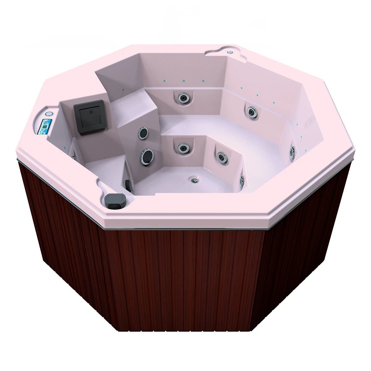 jacuzzi spa CABO para 2 adultos y 1 niño, gabinete madera sintética café obscuro con acrílico rosa claro; jacuzzi octagonal exterior para espacios modernos