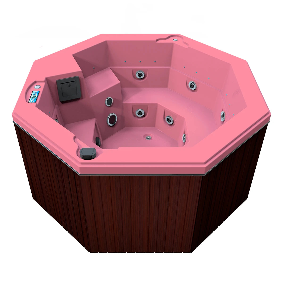jacuzzi spa CABO para 2 adultos y 1 niño, gabinete madera sintética café obscuro con acrílico rosa fresa; jacuzzi octagonal exterior para espacios modernos