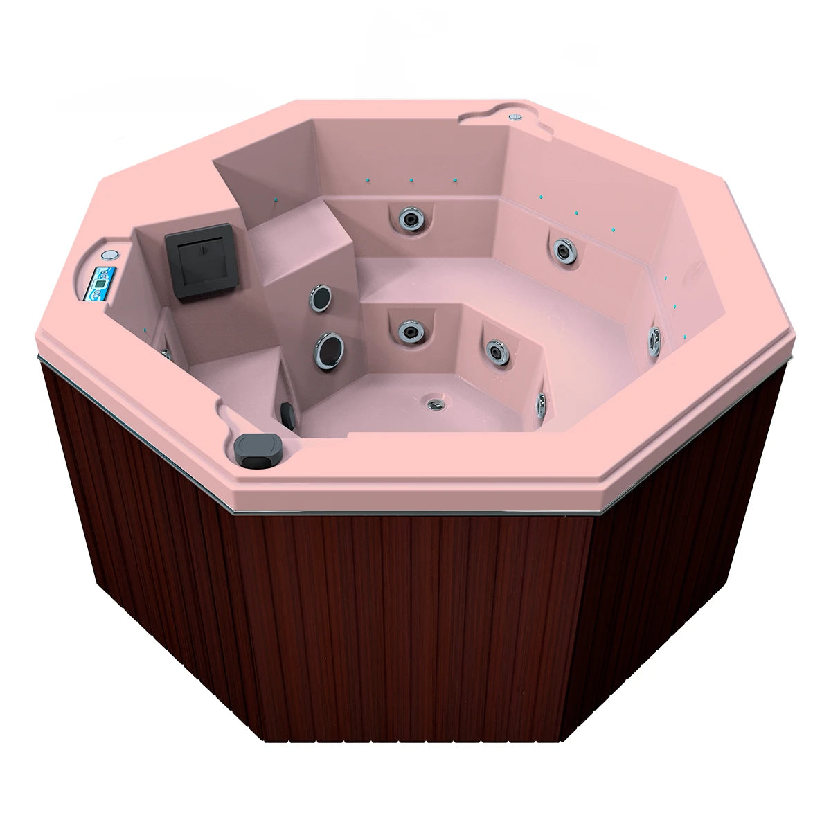 jacuzzi spa CABO para 2 adultos y 1 niño, gabinete madera sintética café obscuro con acrílico rosa fuerte; jacuzzi octagonal exterior para espacios modernos