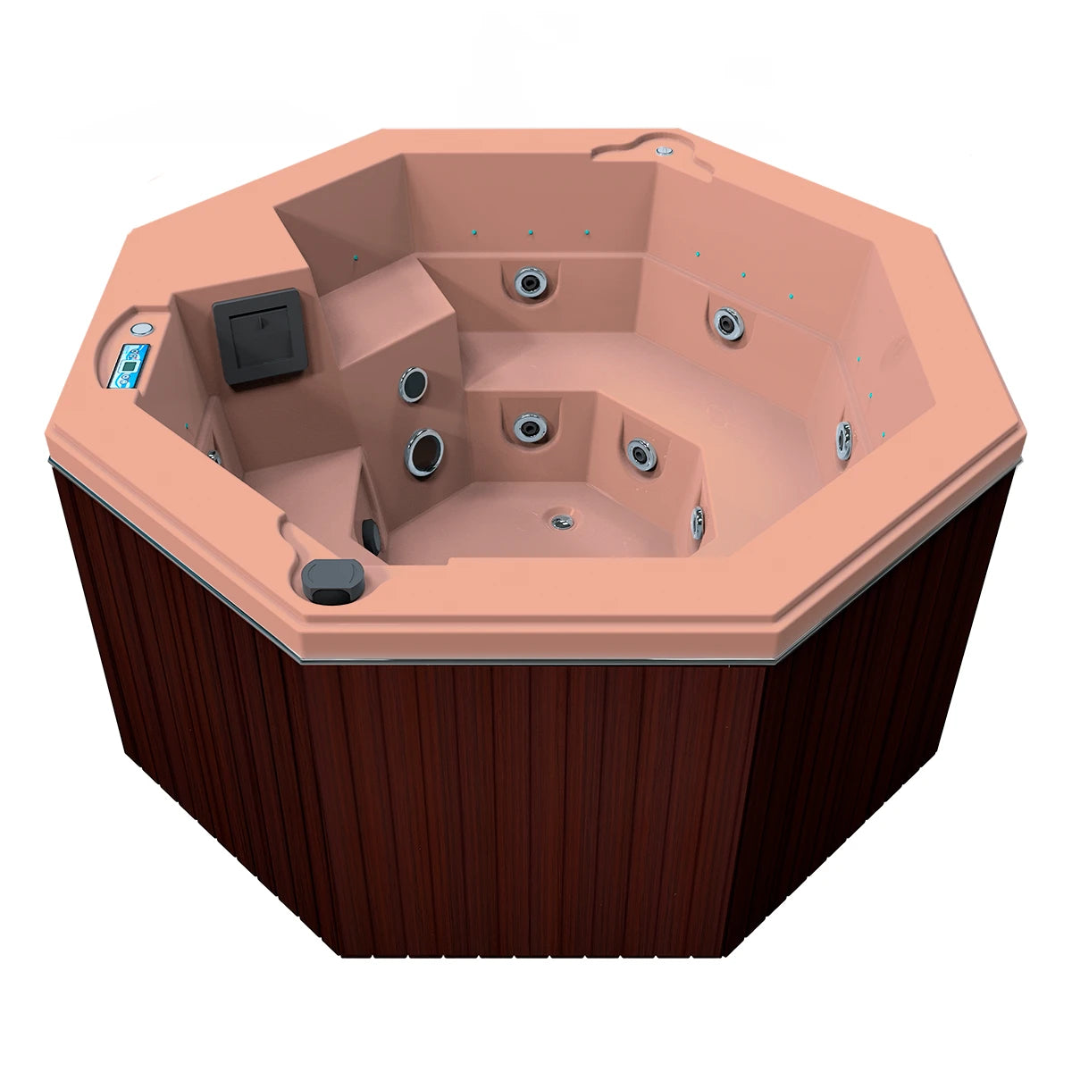 jacuzzi spa CABO para 2 adultos y 1 niño, gabinete madera sintética café obscuro con acrílico salmón; jacuzzi octagonal exterior para espacios modernos