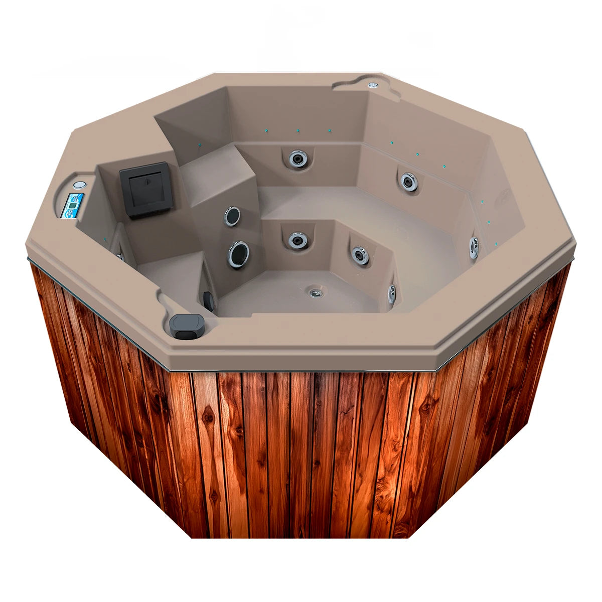 jacuzzi spa CABO para 2 adultos y 1 niño, gabinete madera teca con acrílico arena; spa octagonal ideal para terrazas, patios o jardines residenciales.